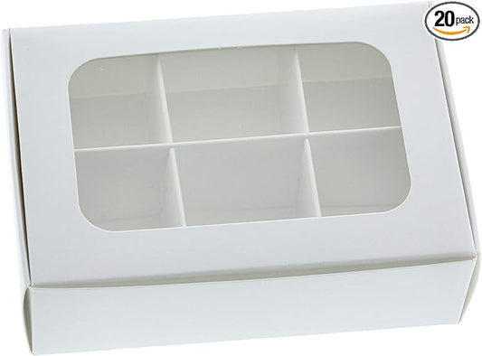 Treat boxes with window and dividers | 6 X-SMALL compartments | 5 x 3.5 x 1.57 in | Empty candy boxes for gift giving, truffle box - perfect for Valentine's Day | 20-pack (White)