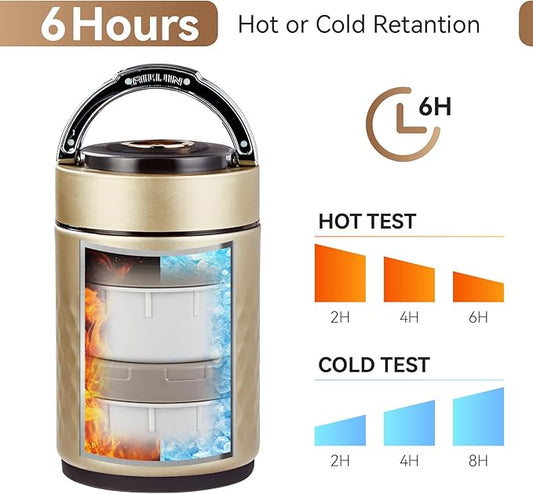 67 ozAdults Stainless Steel Vacuum Insulated Wide Mouth Soup Food Thermos Hot Food Jar with Keep Thermal Portable 3 Tier Stackable Bento Hot Food Containers Lunch Boxes (Gold)