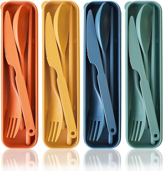 Large Reusable Utensils Set with Case, 4 Sets Large Plastic Travel Cutlery Set with Chopsticks, Portable Fork Spoons Knife Set Lunch Box Utensil Set for Adults Camping Picnic Use