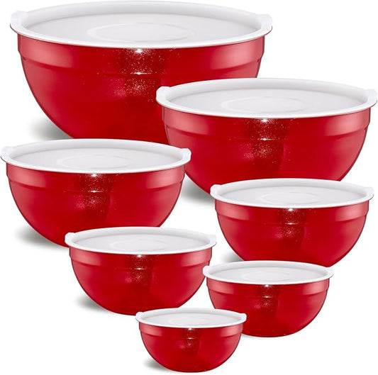 Red Mixing Bowls with Airtight Lids, Stainless Steel Nesting Mixing Bowls Set of 7, Ideal for Baking, Prepping and Serving Food, Size 7, 3.6, 2.7, 2.1, 1.5, 1.1,0.8 QT, Stackable Design