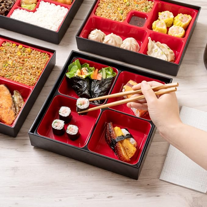 Restaurantware-10 x 2.4 Inch Compartment Lunch Container, 1 Japanese Style Adult Lunch Container - With 4 Compartments, Greaseproof, Black & Red Plastic Divided Lunch Box, For Hot & Cold Food
