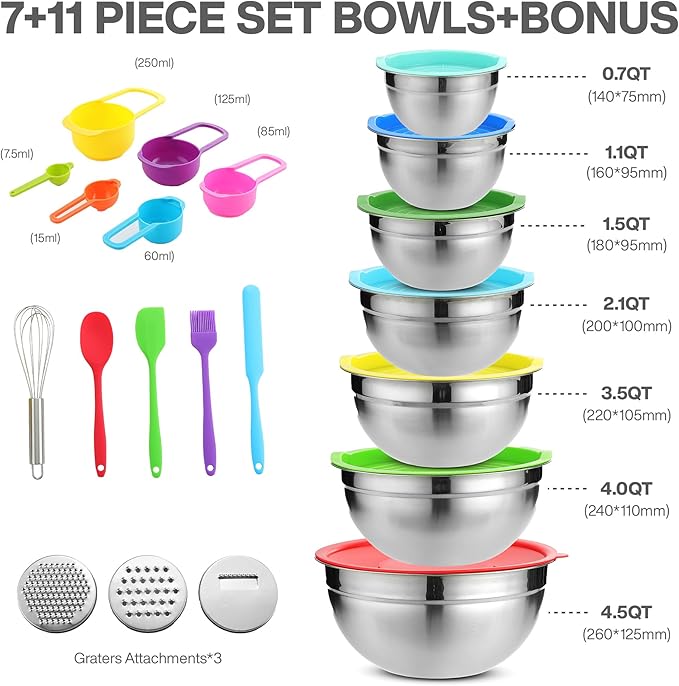 Mixing Bowls with Lids Set of 7PCS Stainless Steel Mixing Bowls, Mixing Bowl Set for Baking Cooking Food Prep & Non-Slip, Includes Measuring Cups Spoon brush whisk and other 11 Kitchen Tools