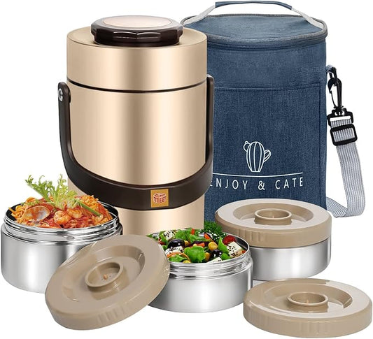 67 oz Adults Stainless Steel Vacuum Insulated Wide Mouth Soup Food Thermos Hot Food Jar with Keep Thermal Portable 3 Tier Stackable Bento Hot Food Containers Lunch Boxes (67 oz Gold)