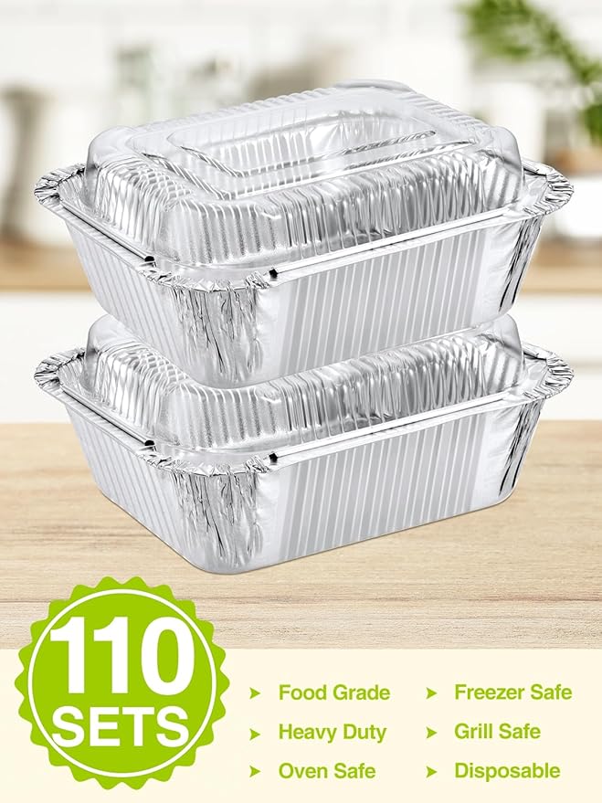 110 Pack 5x4 Disposable Small Aluminum Pans with Dome Lids - 1lb-Mini-Aluminum-Foil-Pans-Tin-Foil-Takeout-Trays-Food-To-Go-Containers-for-Meal-Prep-Cooking-Roasting-Heating-Baking