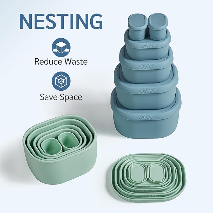 ISSEVE 6Pcs/Set Nesting Silicone Food Storage Containers with Lids, BPA Free Reusable Meal Prep Silicone Containers Lunch Box Bento Box Set (33.8oz, 20oz, 10oz, 6.7oz, 1.3oz) (Green)
