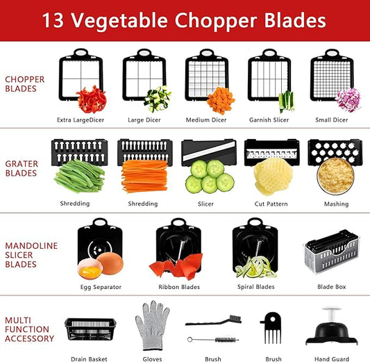25-in-1 Vegetable Chopper with 13 Blades - Mandoline Slicer -Food Chopper w/Container - Cheese Grater - Veggie Salad Onion Chopper - Kitchen Gadget - Home Essentials - Kitchen Accessories