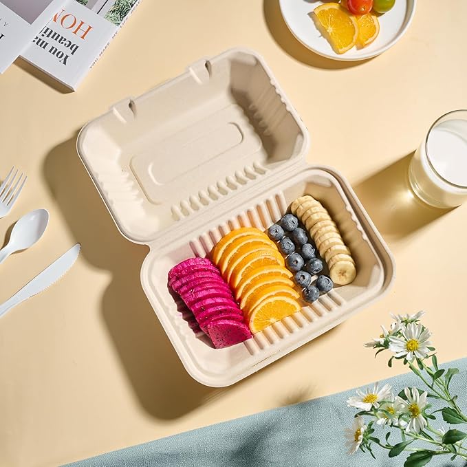 JOLLY CHEF Clamshell Take Out Food Containers, [75-Pack 9 * 6" ] To Go Containers Disposable, 100% Compostable Sugarcane To Go Boxes for Salad,Lunch