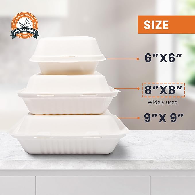 togo Containers Disposable - 50 Pcs 8" x 8" clamshell Take Out Food Containers 100% Compostable, White Biodegradable Meal Prep Box, To Go Containers with Lids for Food (3-Compartment)