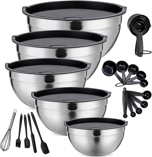 Mixing Bowls Set of 5,Stainless steel Nesting Bowls with Airtight Lids,Size 5, 4, 3.5, 2, 1.5QT for Baking,Cooking,Prepping and Saving Food (BLACK, 25PCS)