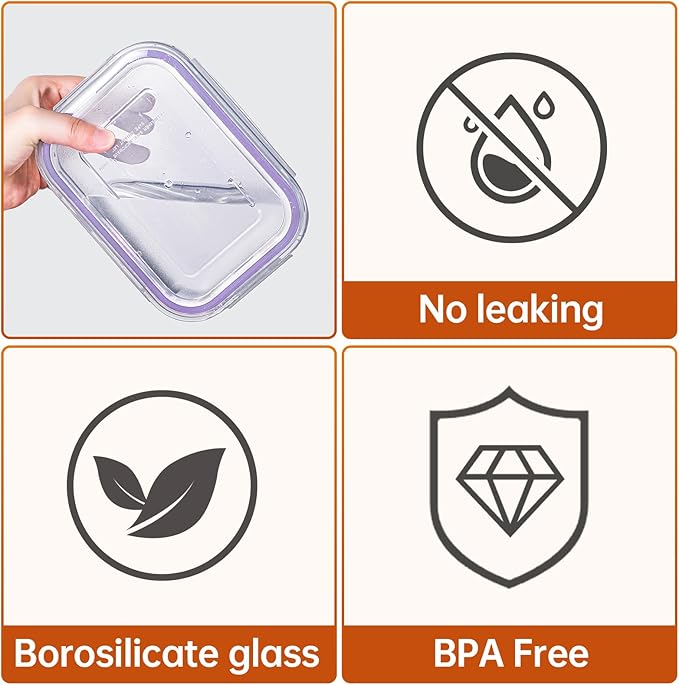 HOMBERKING 8 Pack Glass Food Storage Containers with Lids, Meal Prep Containers, Airtight Bento Boxes with Leak Proof Locking for Microwave, Oven, Freezer and Dishwasher, BPA Free, 5-35oz, purple