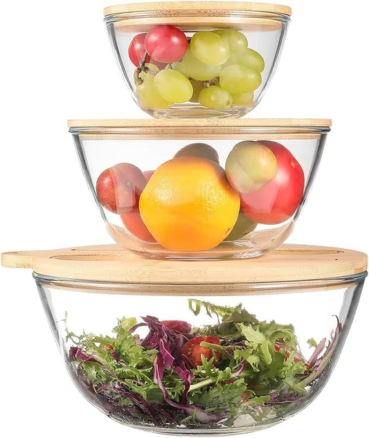Glass Salad Bowls, Set of 3 Glass Bowls with Bamboo Lids Large Serving Bowl for Salad, Pasta, Desserts, W/Bamboo Utensils Salad Fruit Nesting Bowl for Cooking,Baking,Prepping,Serving & Storage