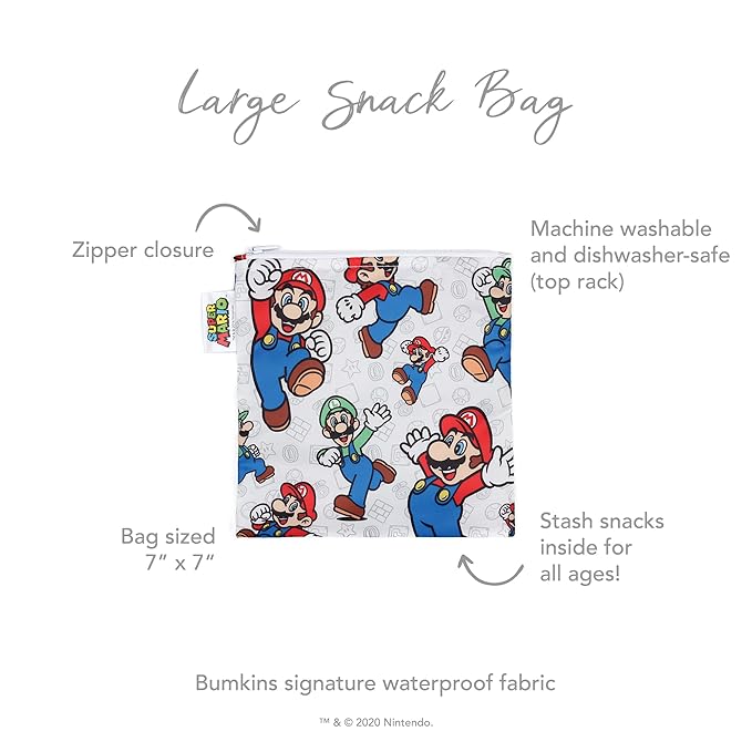 Bumkins Nintendo Reusable Sandwich and Snack Bags, for Kids School Lunch and for Adults Portion, Washable Fabric, Waterproof Cloth Zip Bag, Travel Pouch, Food-Safe, Large, Mario and Luigi