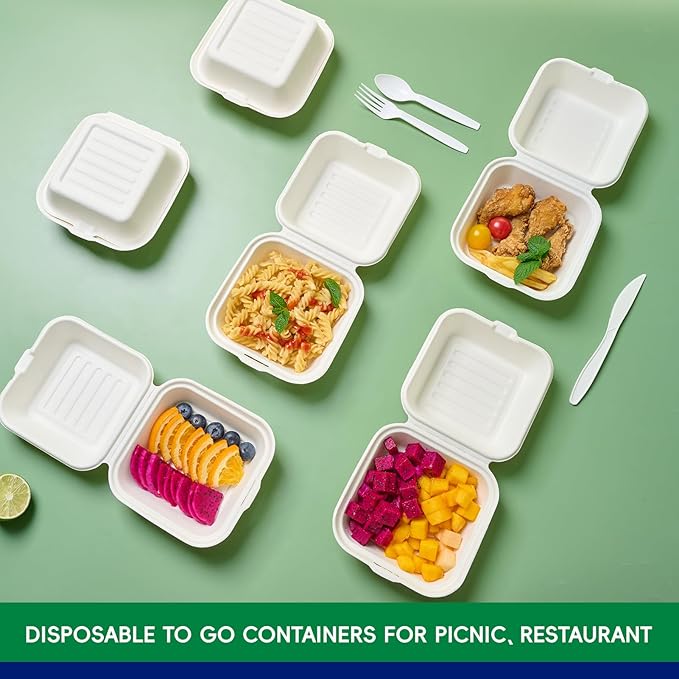 JOLLY CHEF Clamshell To Go Containers, 6" x 6" 200-Pack, Sugarcane To Go Boxes for Salad, Lunch