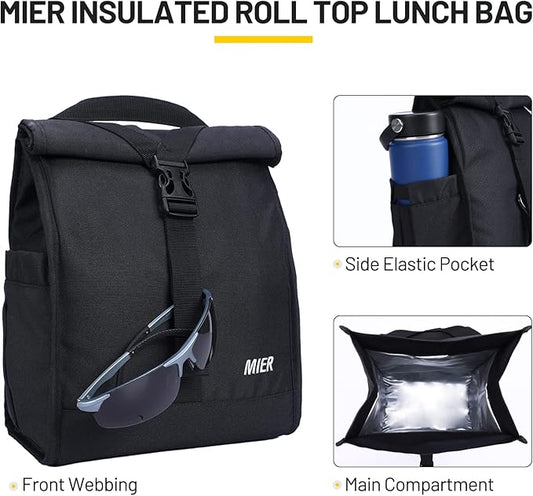 MIER Insulated Lunch Bag Roll Top Lunchbox for Women Men Adults Foldable Rolltop Lunch Tote with Shoulder Strap for Work Office Picnic, Water Bottle Holder, Black