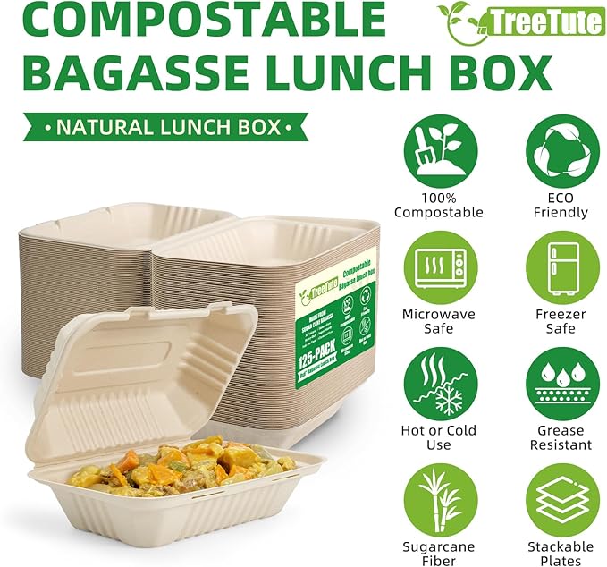 125-Pack 9x6 Inch Compostable Clamshell Take Out Food Containers,Disposable Heavy-Duty To Go Containers with Hinged Lid, Eco-Friendly Biodegradable Bagasse Take Out Food Boxes(Brown)