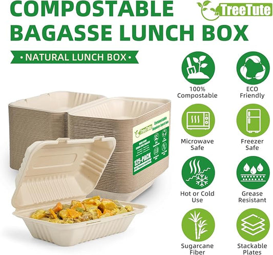 125-Pack 9x6 Inch Compostable Clamshell Take Out Food Containers,Disposable Heavy-Duty To Go Containers with Hinged Lid, Eco-Friendly Biodegradable Bagasse Take Out Food Boxes(Brown)