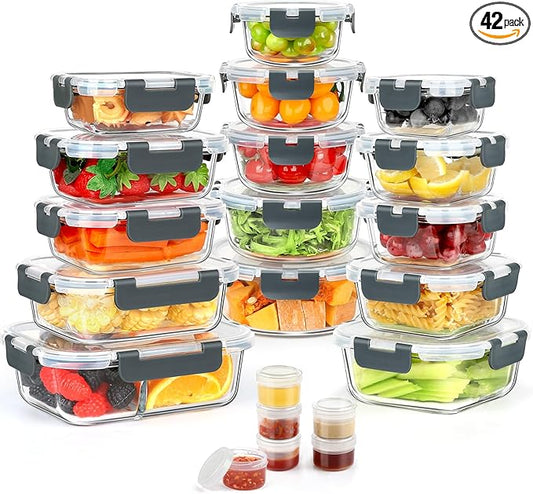42pcs Glass Food Storage Containers with Lids Set, 21 Containers & 21 Lids Include One 2 Compartments Glass Meal Prep Containers with Snap Locking Lids Set, Leak Proof Lunch Containers BPA-Free,Grey
