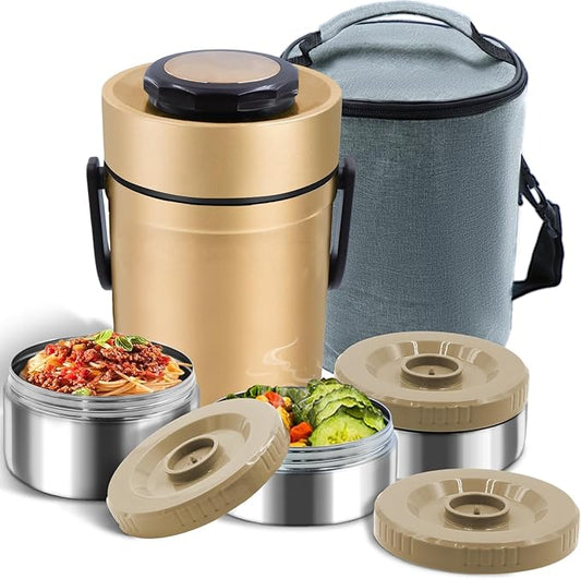 67oz Thermos for Hot Food, 3 Layered Stackable Insulated Lunch Box, Soup Thermos Jar Comes with an insulated bag, suitable for office lunches and outdoor dining, among other uses (Gold)