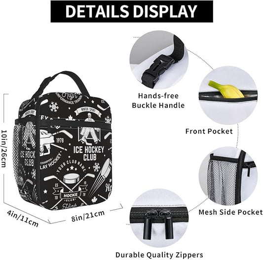 Insulated Lunch Box for Boys Kids Hockey Lunch Box for Work,Picnic,School,Travel,Hiking, Beach or Fishing Polyester Hockey Lunch Bag Ice Hockey Retro Style