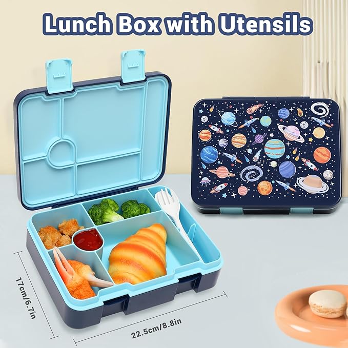 Boys Backpack - Astronaut Bento Box with Insulated Lunch Bag Pencil Case & Utensils Set for Kids, 6 Leakproof Compartments Removable Tray Lunches or Snack Container