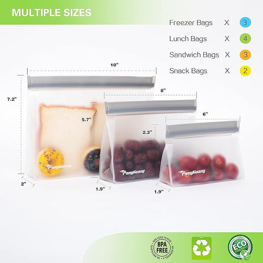 12 Stand Up Extra Thick Leakproof Reusable Food Bags - Reusable Freezer & Storage Bags