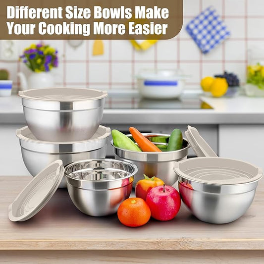 P&P CHEF Mixing Bowl with Lid Set of 5, 10-Piece Stainless Steel Nesting Salad Bowl Set for Prepping, Mixing and Serving, Size 4.6, 3, 1.5, 1, 0.7 QT, Rimmed Edges & Flat Base, Khaki
