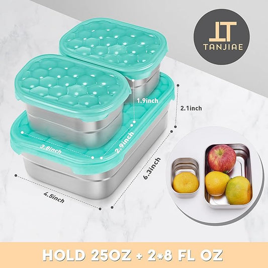 Stainless Steel Lunch Containers for Kids | Leak Proof Food Grade Snack Containers with Silicone Lids - Perfect Metal Food Containers with Lids for Kids School and Toddler Daycare (25oz+8oz*2)