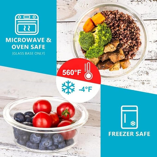 Igluu Meal Prep Round Glass Containers with Lids Airtight - Glass Food Storage Containers - Reusable Microwave, Freezer to Oven Safe BPA-free Lunch Box (10 Containers & 10 Lids) 32 oz & 13.5 oz