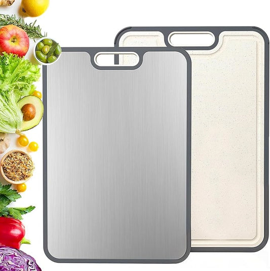 JAYVAR Cutting Board Double Sided, Large Cutting Boards for Kitchen with Stainless Steel and Wheat Straw PP, Large Size 16”×11”Chopping Board for Separately Handle Meat and Vegetables, Dishwasher Safe