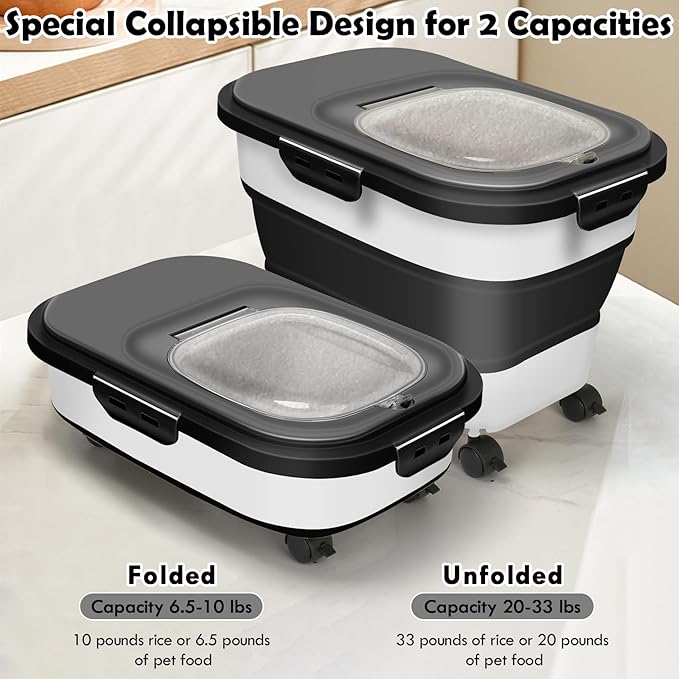 Rice Storage Container, 20Lbs Flour Container, Airtight Large Pet Dog Cat Food Storage Dispenser Bin with Wheels, Scoop & Measuring Cup, Collapsible Kitchen Dry Food Holder for Rice Cereal Kibble