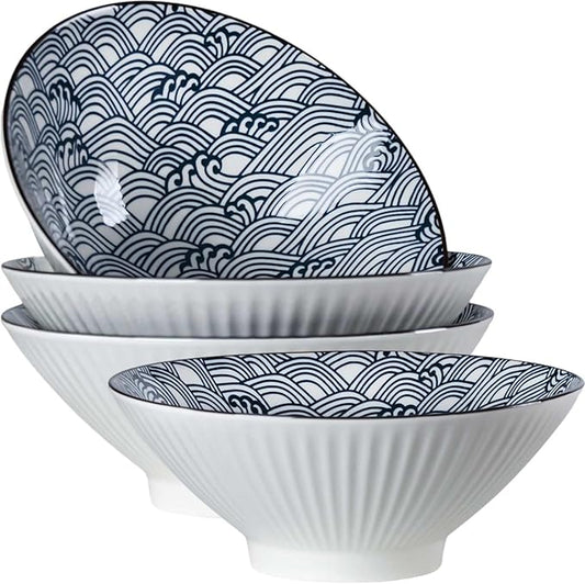 38 oz Japanese Ramen Bowls Set of 4, Large Pho Bowls, 8 Inch Ceramic Blue and White Soup Bowls, Wave Pattern