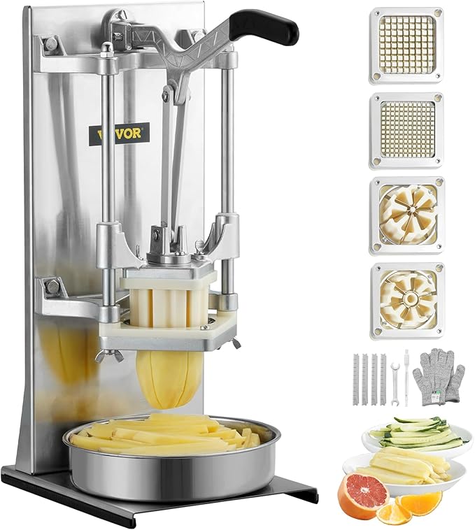 VEVOR Commercial French Fry Cutter with 4 Replacement Blades, 1/4 and 3/8 Blade Easy Dicer Chopper, 6-wedge Slicer and 6-wedge Apple Corer, Lemon Potato Cutter for French Fries with Extended Handle