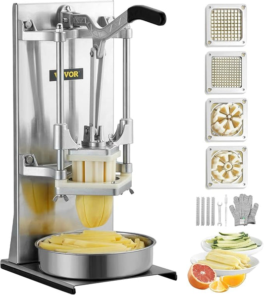 VEVOR Commercial French Fry Cutter with 4 Replacement Blades, 1/4 and 3/8 Blade Easy Dicer Chopper, 6-wedge Slicer and 6-wedge Apple Corer, Lemon Potato Cutter for French Fries with Extended Handle