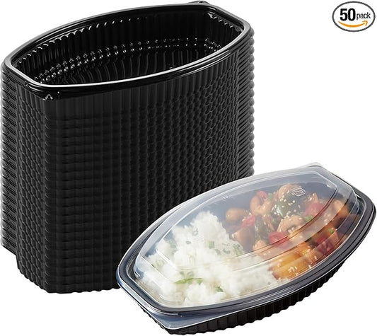 RW Base 21 Ounce Meal Prep Containers, 50 Microwavable To Go Containers With Lids - Disposable, Freezable, Black Plastic Oval Food Containers, Pack Hot And Cold Food, For Takeaway - Restaurantware