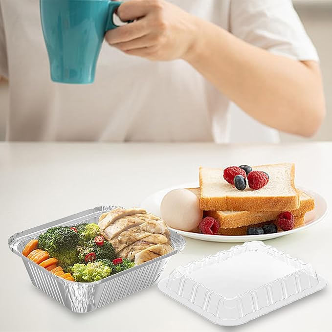 100 Pack 1 lb Rectangular Disposable Aluminum Foil Pan 16 oz Take Out Food Containers with Clear Plastic Dome Lids, for Catering, Baking, Roasting Food