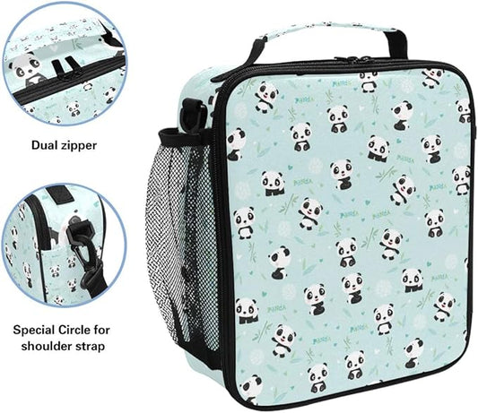 Nander Cute Cartoon Panda Lunch Box for Girls Mens Kids Thermal Insulation Lunch Tote Bag with Shoulder Strap for Work