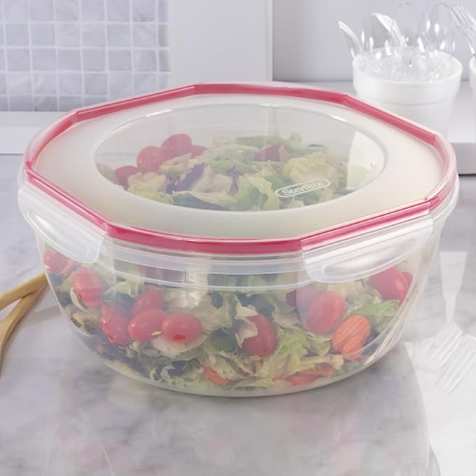 Sterilite Ultra-Seal 8.1 Qt Bowl, Large Airtight Food Storage Container, Latching Lid, Microwave and Dishwasher Safe, Clear With Red Gasket, 4-Pack