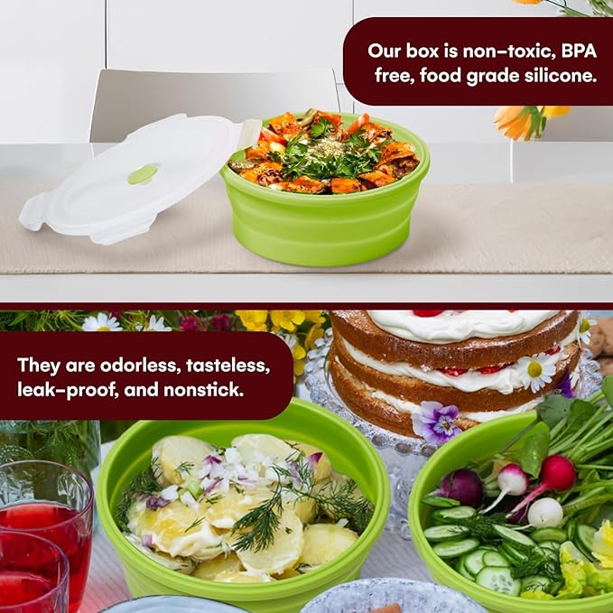 Vdomus Collapsible Food Storage Containers - Leak Proof, Microwave Safe - 40.5oz/1.2L Airtight Silicone Food Containers - Meal Prep Collapsible Bowls with Lids - Set of 3 - Green
