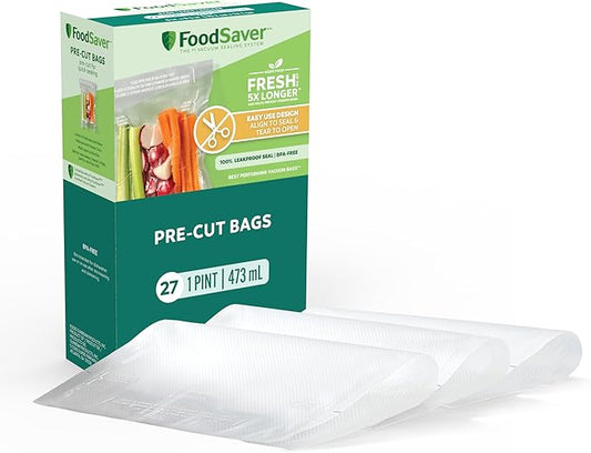 FoodSaver Pint Pre-Cut Vacuum Seal Bags, Easy Use Vacuum Storage Bags, Align to Seal and Tear to Open Vacuum Sealer Storage Bags, 27 Pack