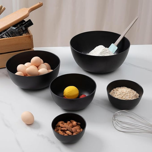 LEHAHA Bamboo Fiber Melamine Mixing Bowls, Set of 5, Nested Kitchen Bowls Set, Large Stackable Serving Bowls for Kitchen, Storage Bowl Ideal for Prepping, Cooking and Serving Food, Matte Black