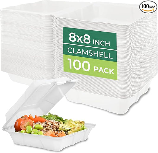 Freshware Clamshell Food Containers with Lids [8x8 100-Pack] Disposable To Go Containers, Biodegradable Sugarcane To Go Boxes - Paper Container - Microwave & Freezer Safe, Stackable
