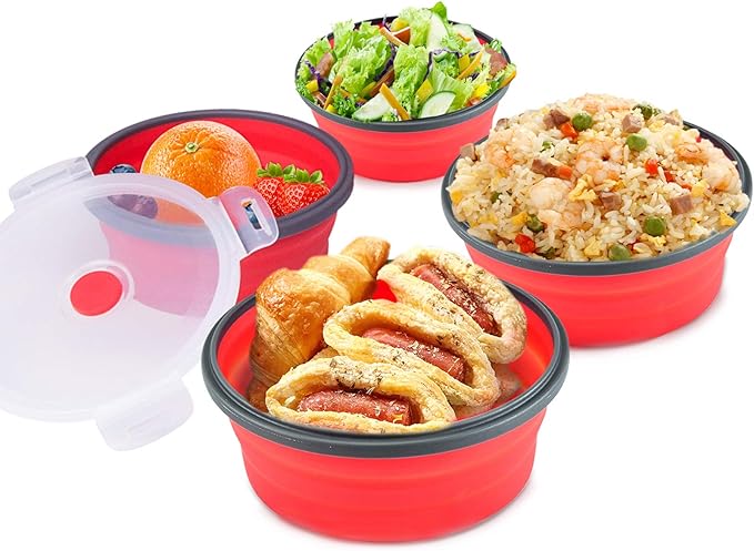 Guyuyii 4 Pack Collapsible Bowls with Lids – Space-Saving Food Container Sets for Home Kitchen, RV, Camping, Outdoor Cooking – Microwave, Dishwasher, Freezer Safe for Travel and Camper Use