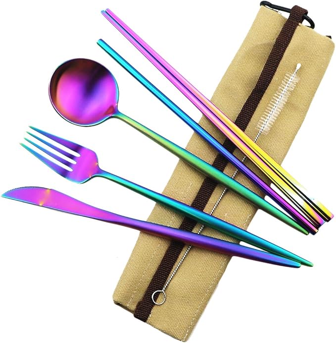 Reusable Travel Utensils, 7 Piece Portable 304 Stainless Steel including Knife Fork Spoon Chopsticks Cleaning Brush Straws Portable Pouch, Eco-friendly Camping Silverware Set, Dishwasher Safe