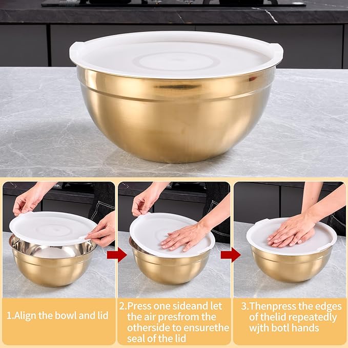 4-Piece Gold Stainless Steel Mixing, Cereal, Dessert, Rice, Fruit, Dipping Bowl Set With Airtight Lid, Unbreakable Deep Soup Bowl