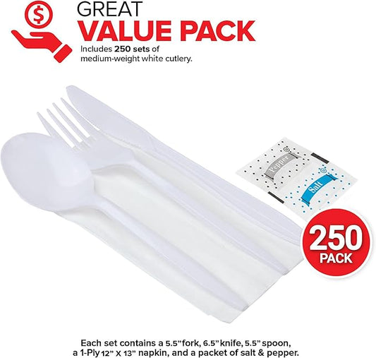 Individually Wrapped Plastic Cutlery Set with Napkin + Salt & Pepper Packets in White (250 Count) Prewrapped Disposable Silverware Bags, Bulk Utensils: Fork, Knife, and Spoon for Togo Eating