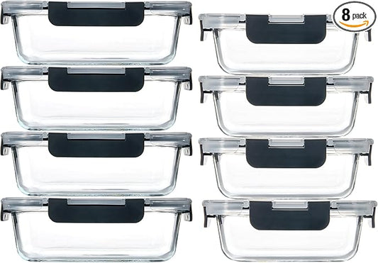 YANGNAY 8 Pack Glass Food Storage Containers, Glass Meal Prep Containers with Airtight Lids, Dishwasher/Freezer Safe, 2 sizes