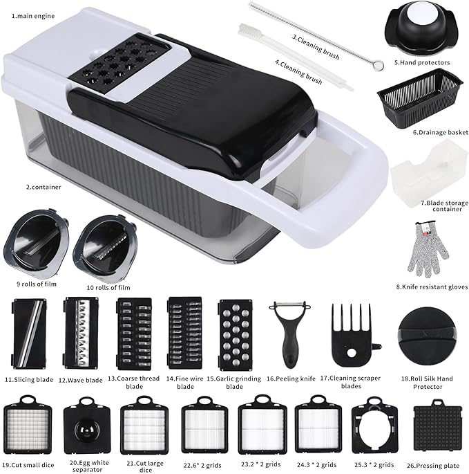 Multifunctional vegetable cutter 26 in 1 vegetable slicer, cucumber slicer, potatoes, tomatoes, zucchini, garlic, eggs, vegetable cutter with container and lid, salad cutter, dicing machine, shredder