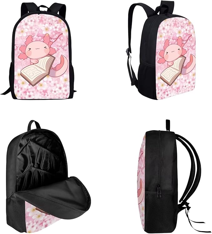 Dolyues Book Axolotl Girls Backpack Set: 17 Inch School Backpack, Leak-Proof Lunch Bag & Glitter Pencil Case - Adjustable Straps & Non for Ages 5-12