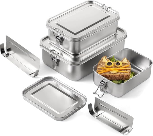 3 PCS Bento Boxes, Stainless Steel Lunch Boxes, Food Storage Containers, Lockable Clips to Leak Proof, Reusable Dishwasher Safe Lunch Snack Boxes(850 ml, 1400 ml, 2400 ml)