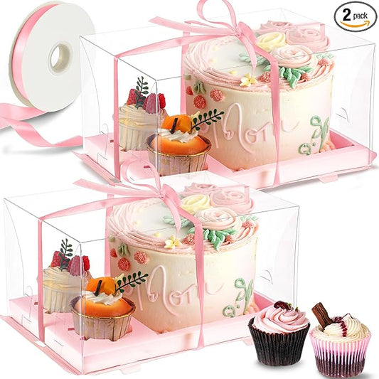 2 Pack Bento Cake and Cupcake Box Fit 2 Cupcakes and 1 Mini Cake for Mother's Day Easter Wedding Birthday Party Bakery Baking Supplies (Pink)